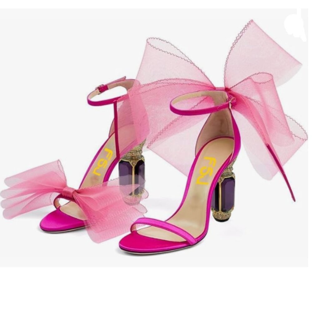 FSJ Pink Mesh Open Toe Stylish Sandal Ankle Strap Crystal High Heel Wedding Shoe